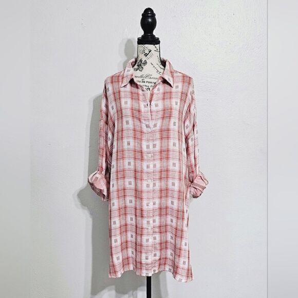 Max Studio Checkered Button-Up Oversized Tunic Shirt Size Large NWOT - Picture 1 of 5